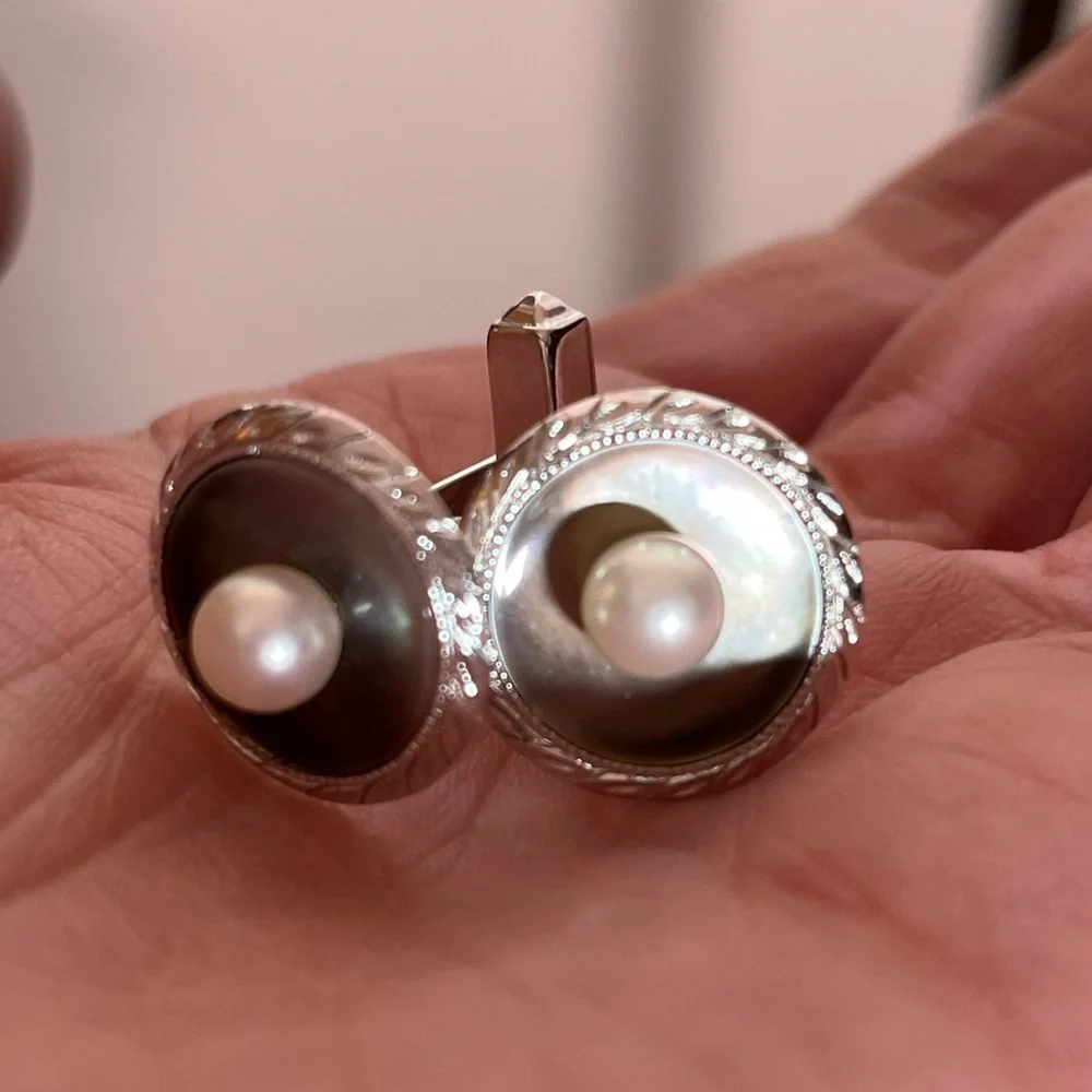 Antique Vintage Sterling silver MOP Real Pearl Round MCM Mod Art Deco Cufflinks